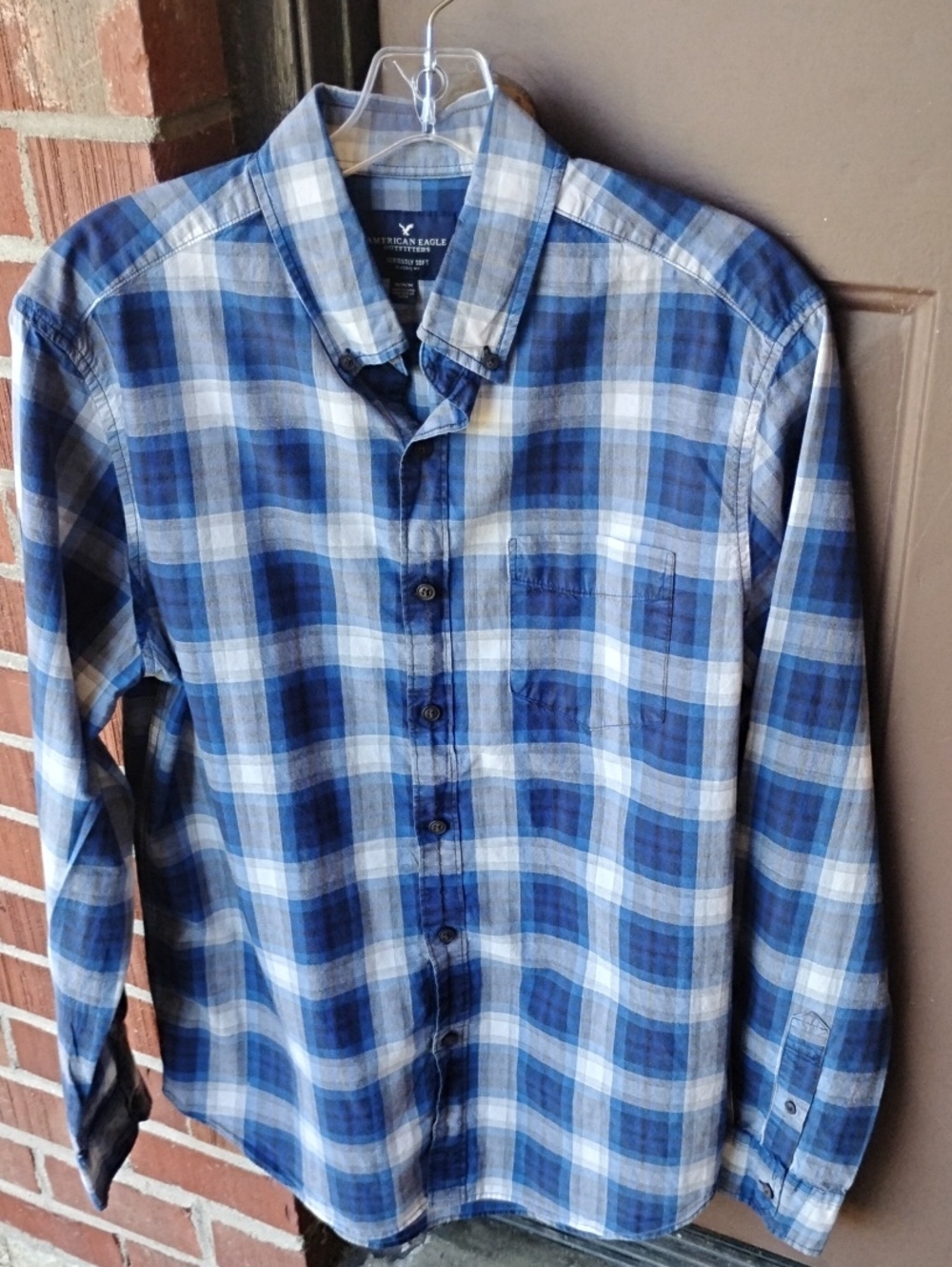 American Eagle Outfitters Blue & White Plaid Cotton Button-Up Shirt